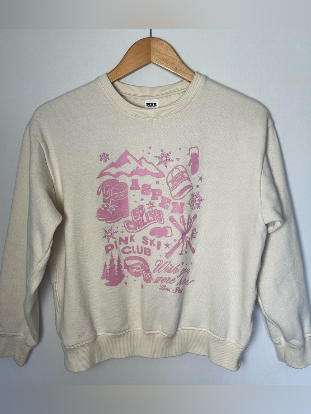 PINK Victoria's Secret Women's Ivory Pink Ski Club Sweatshirt Crew Neck Small